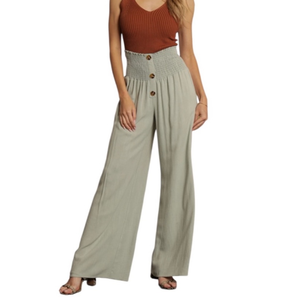 Vici Sage Green Smocked Button Wide Leg Trouser Pants Womens Large
